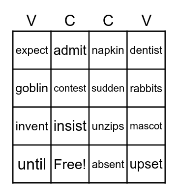 2 syllable  VC/CV division Bingo Card