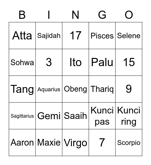 Bingo with Gwen Bingo Card