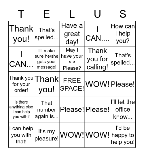 Tel-Us Customer Service Week Bingo Card