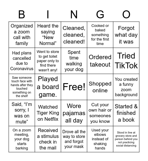 COVID-19 Bingo Card