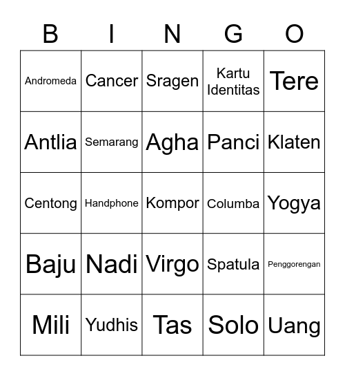 Abinie's Bingo Card