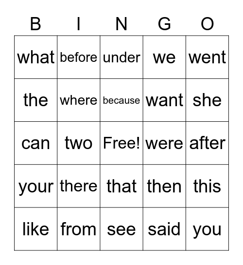 Sight Words Bingo Card