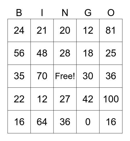 Multiplication Bingo Card
