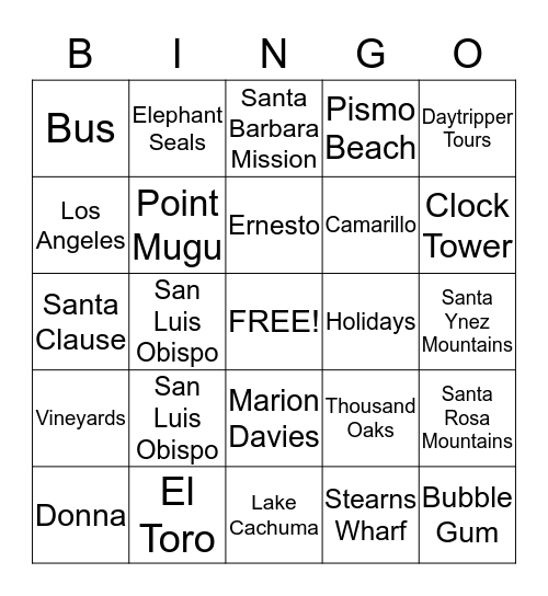 Daytripper Tours to Hearst Castle  Bingo Card