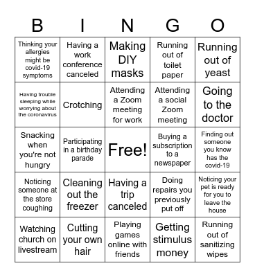 CORONAVIRUS Bingo Card