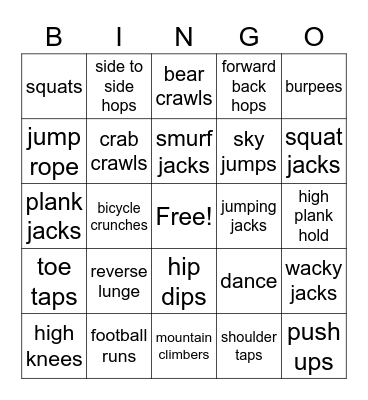 Fitness Bingo Card