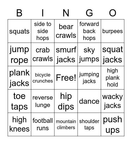 Fitness Bingo Card