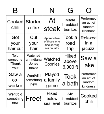 ST Holiday Weekend Bingo Card