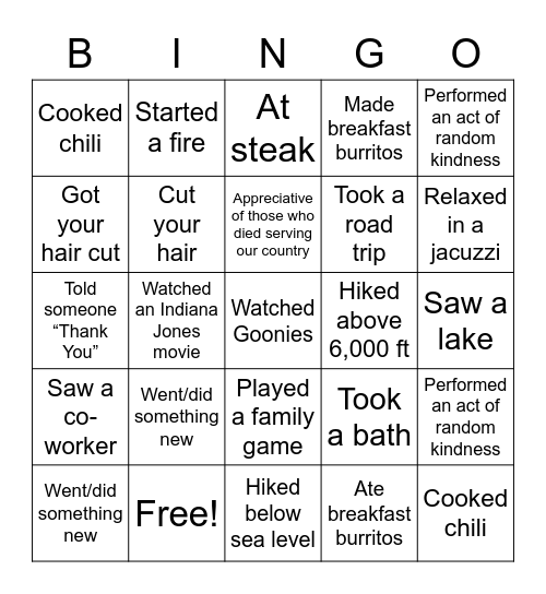 ST Holiday Weekend Bingo Card