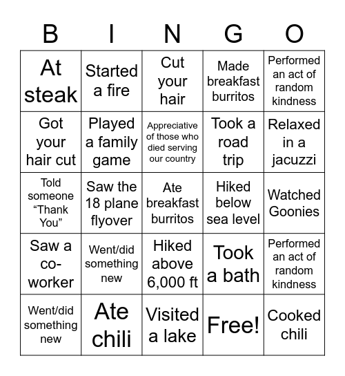 ST Holiday Weekend Bingo Card