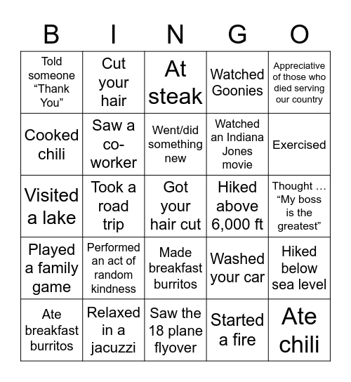 ST Bingo - Holiday Weekend Edition Bingo Card