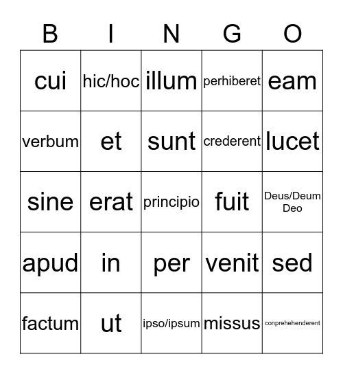 Latin Weeks 1-6 Bingo Card