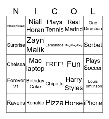 Nicole Bingo Card