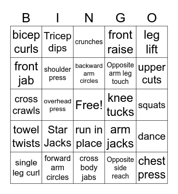 Chair Fitness Bingo Card