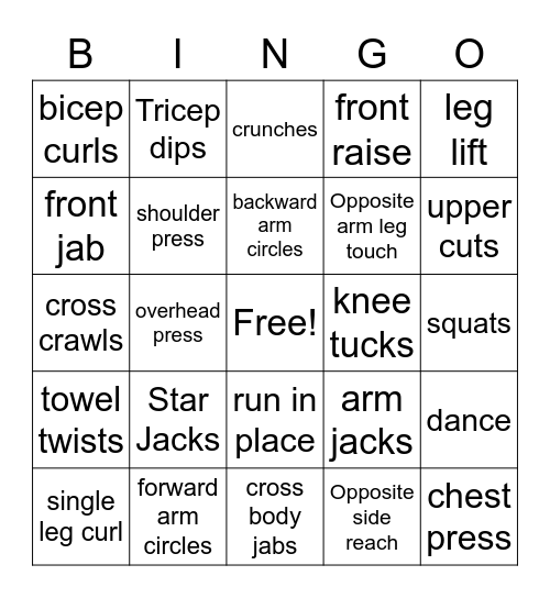 Chair Fitness Bingo Card