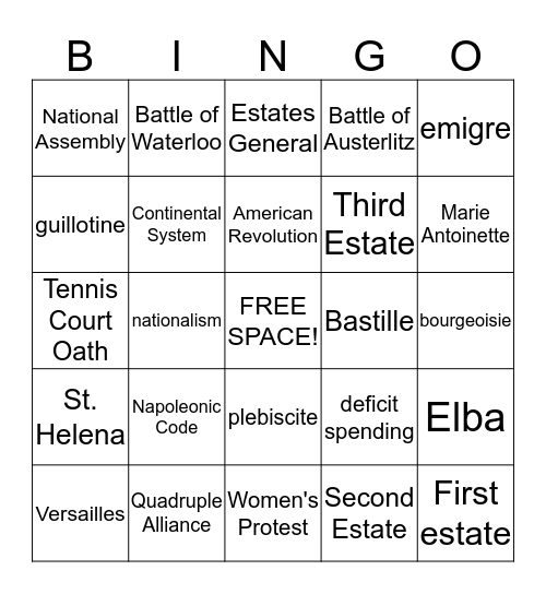 French Revolution Review Bingo Card