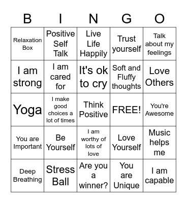 Self-Esteem Bingo Card