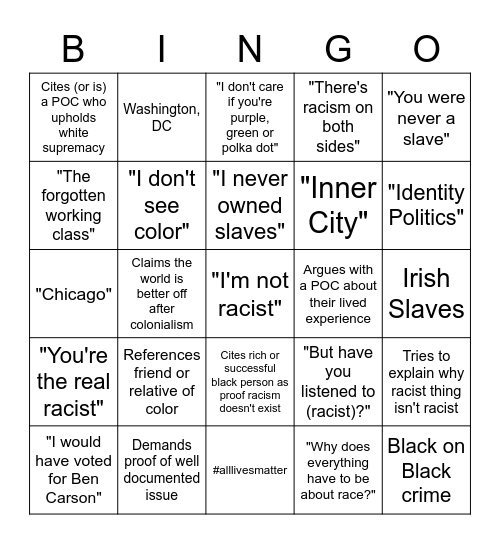 Racist Nonsense BINGO Card