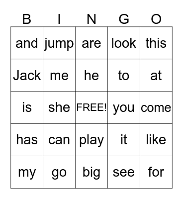 sight words Bingo Card