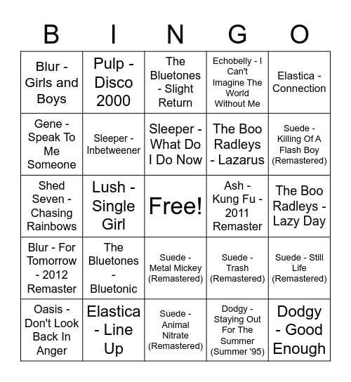 Britpop Bingo Card