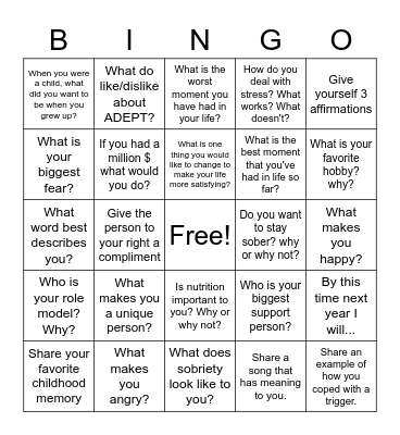 Recovery Bingo Card