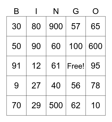 Number bingo Card