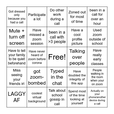 Zoom Bingo Card