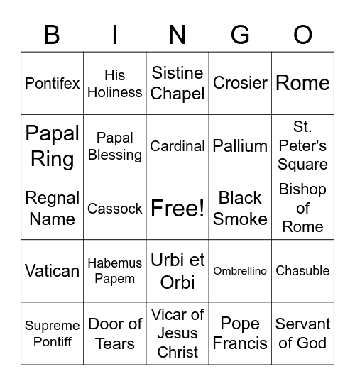 Pope Bingo Card