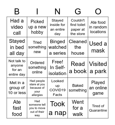 Quarantine Bingo Card