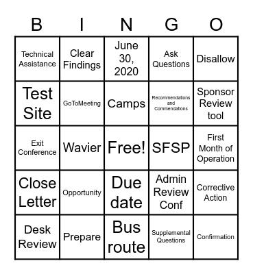Summer Food Service Program Bingo Card