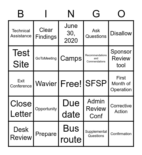 Summer Food Service Program Bingo Card