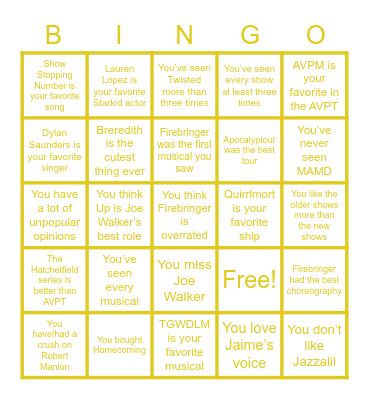 Starkid Bingo Card