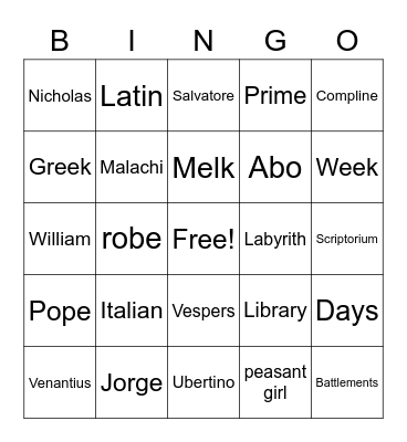 The Name of the Rose Bingo Card