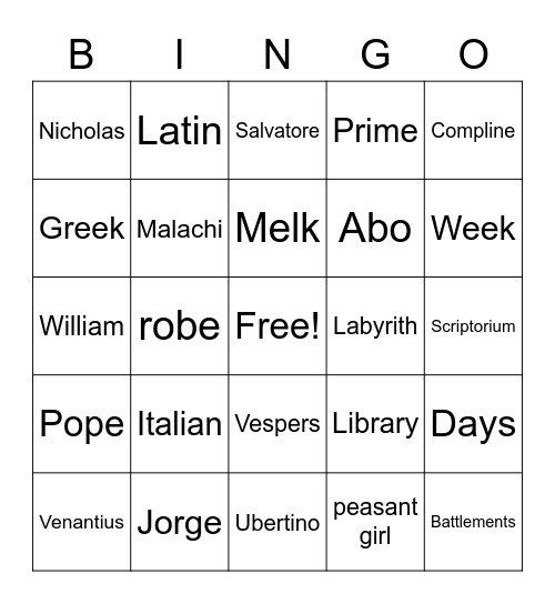 The Name of the Rose Bingo Card