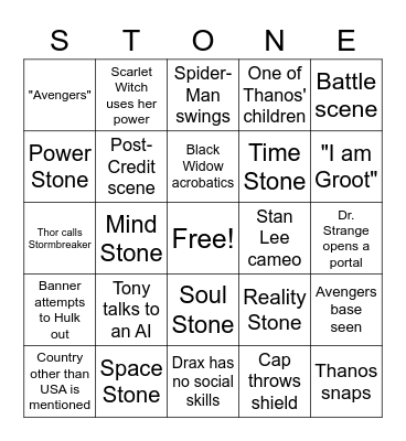 Avengers: Infinity War Bingo Card