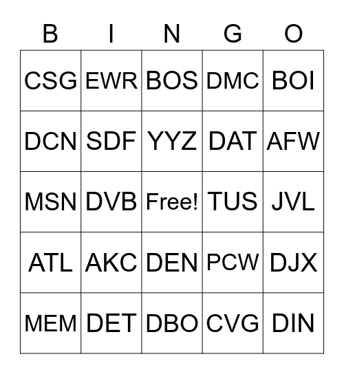 Game 1 Bingo Card