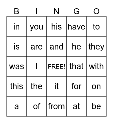 Sight Words Bingo Card
