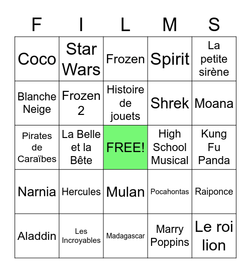 Musiques de films Disney/Pixar Bingo Card