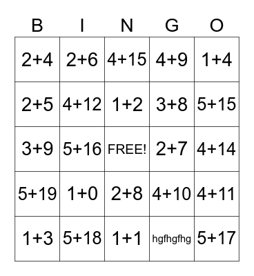 Addition Number Bingo Card