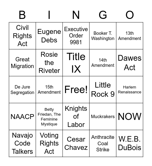Labor, Social, and Civil Rights Bingo Card
