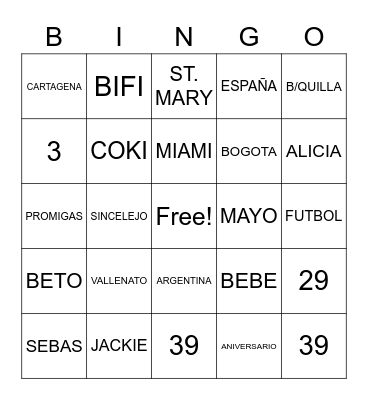 ANIVERSARIO 39 Bingo Card