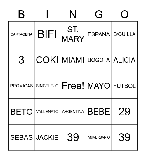 ANIVERSARIO 39 Bingo Card