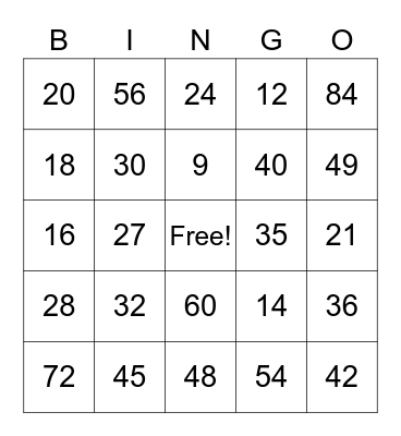 Multiplication Bingo (3x - 7x) Bingo Card