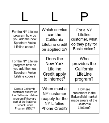 Lifeline  Phone Bingo Card