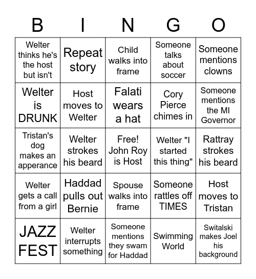 Tuesday Coach Happy Hour Bingo Card