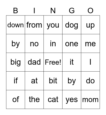 Sight Words Bingo Card