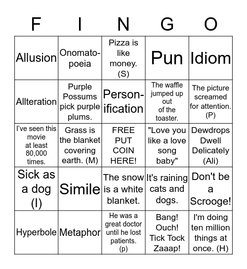 Figurative language (Fingo) Bingo Card