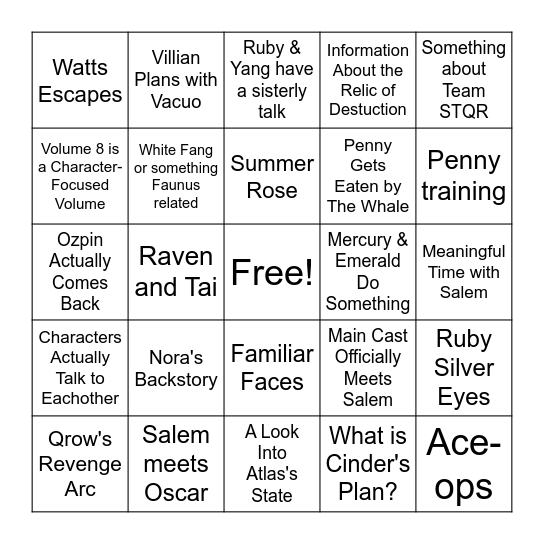 RWBY Volume 8 Bingo Board Bingo Card
