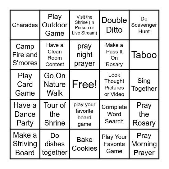 Family Bingo Card