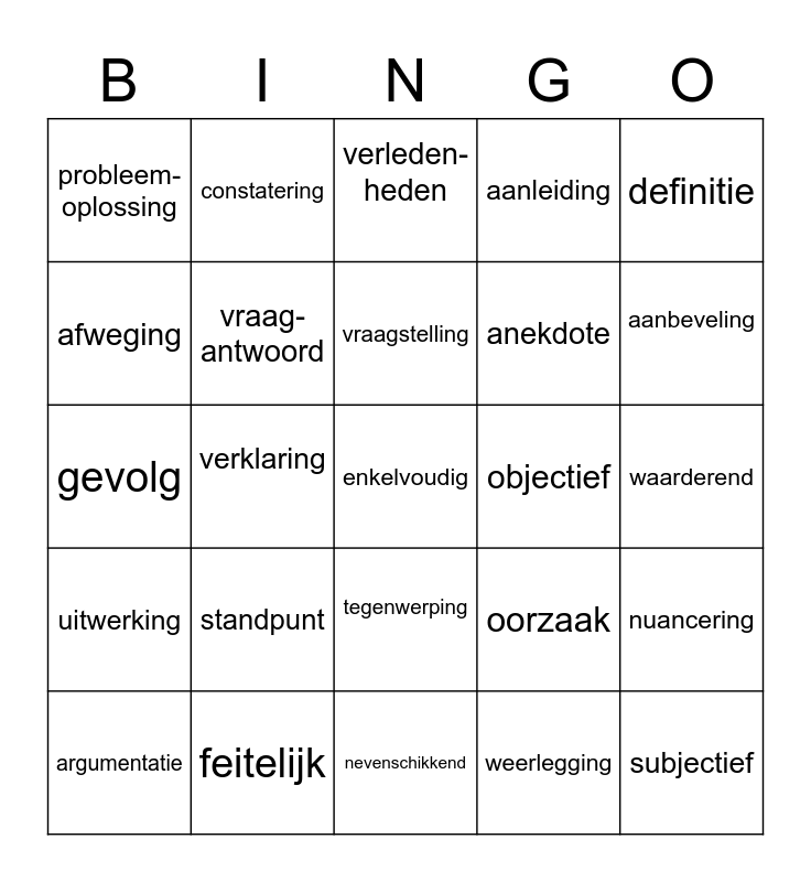 NN 6 3vwo Theorie Lezen + Functiewoorden Bingo Card